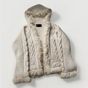 Vtg Chunky Cable Knit Hooded Cardigan Fringe Tassel Cream M/L Boutique Boho y2k